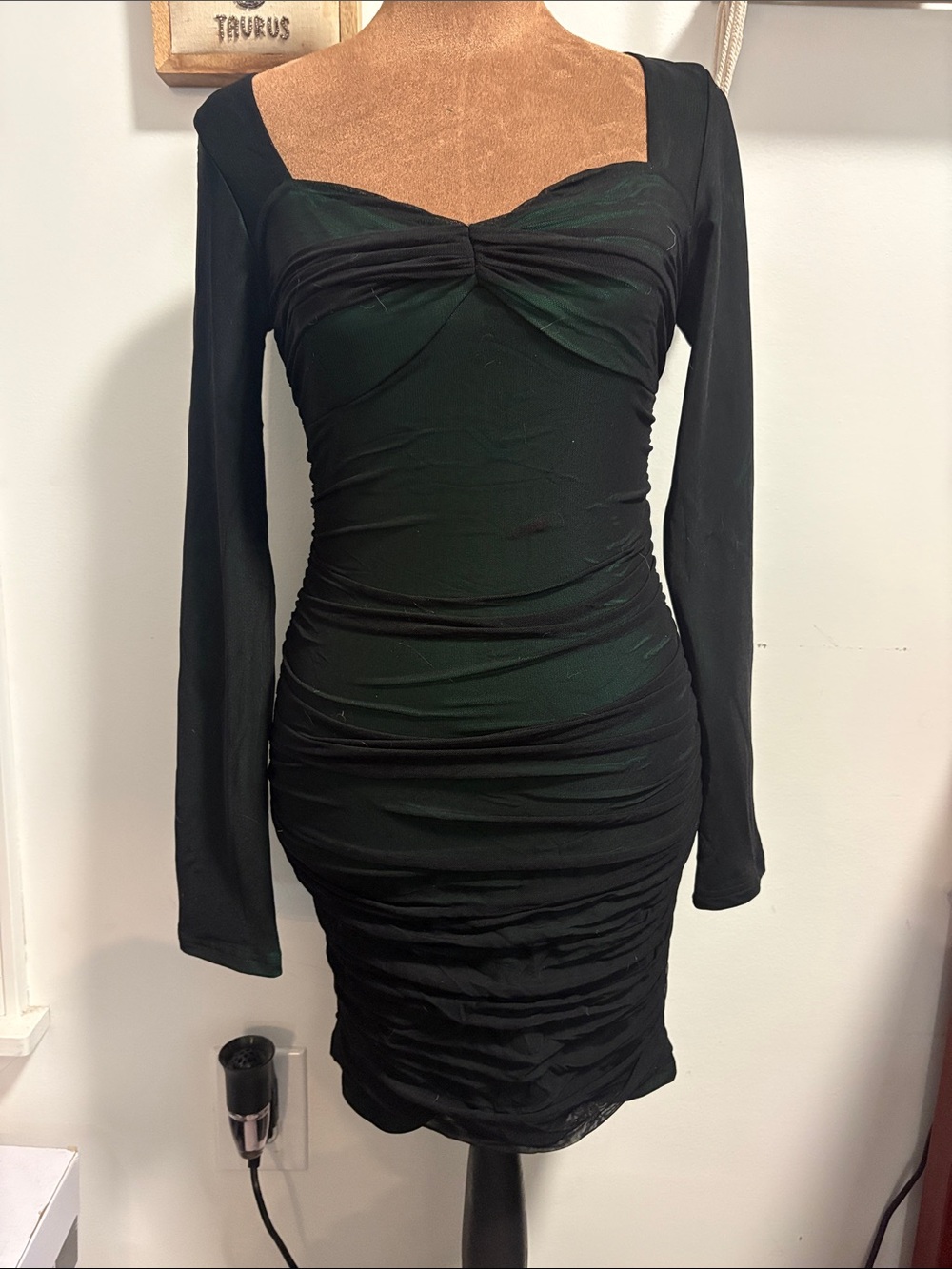 Long Sleeve Black & Dark Green Ruched Bodycon Dress